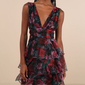 Lulus Poised Inspiration Black Multi Floral Organza Tiered Mini Dress - Size S